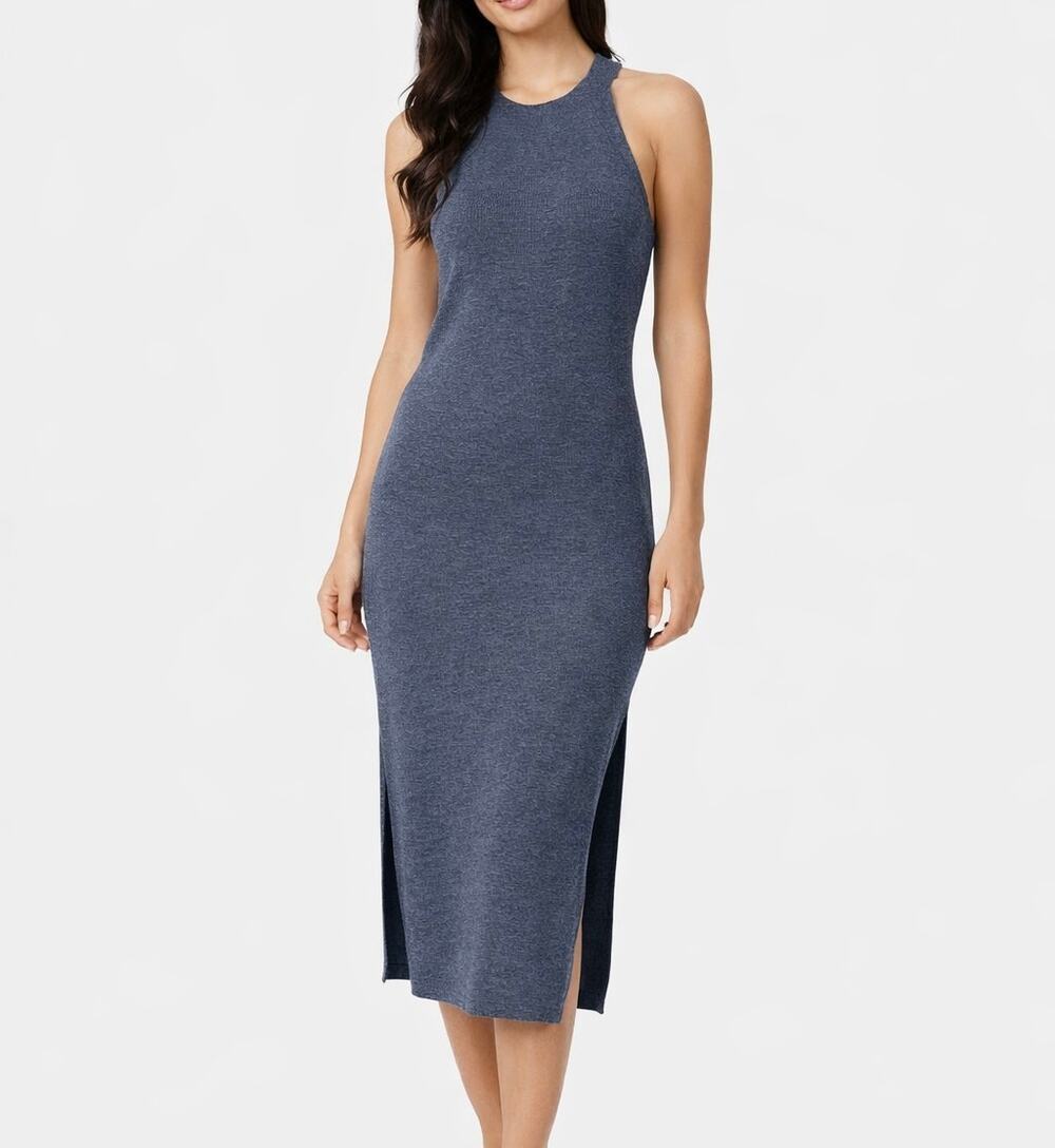 THEORY Reverie Knit Midi Dress Sleeveless Crew Neck Side Slit, Blue